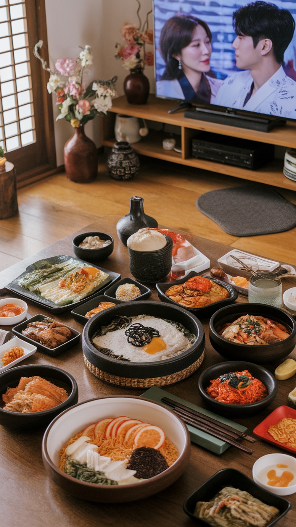 A table filled with various Korean dishes, including bibimbap, surrounded by a cozy setting with a K-drama playing on TV.