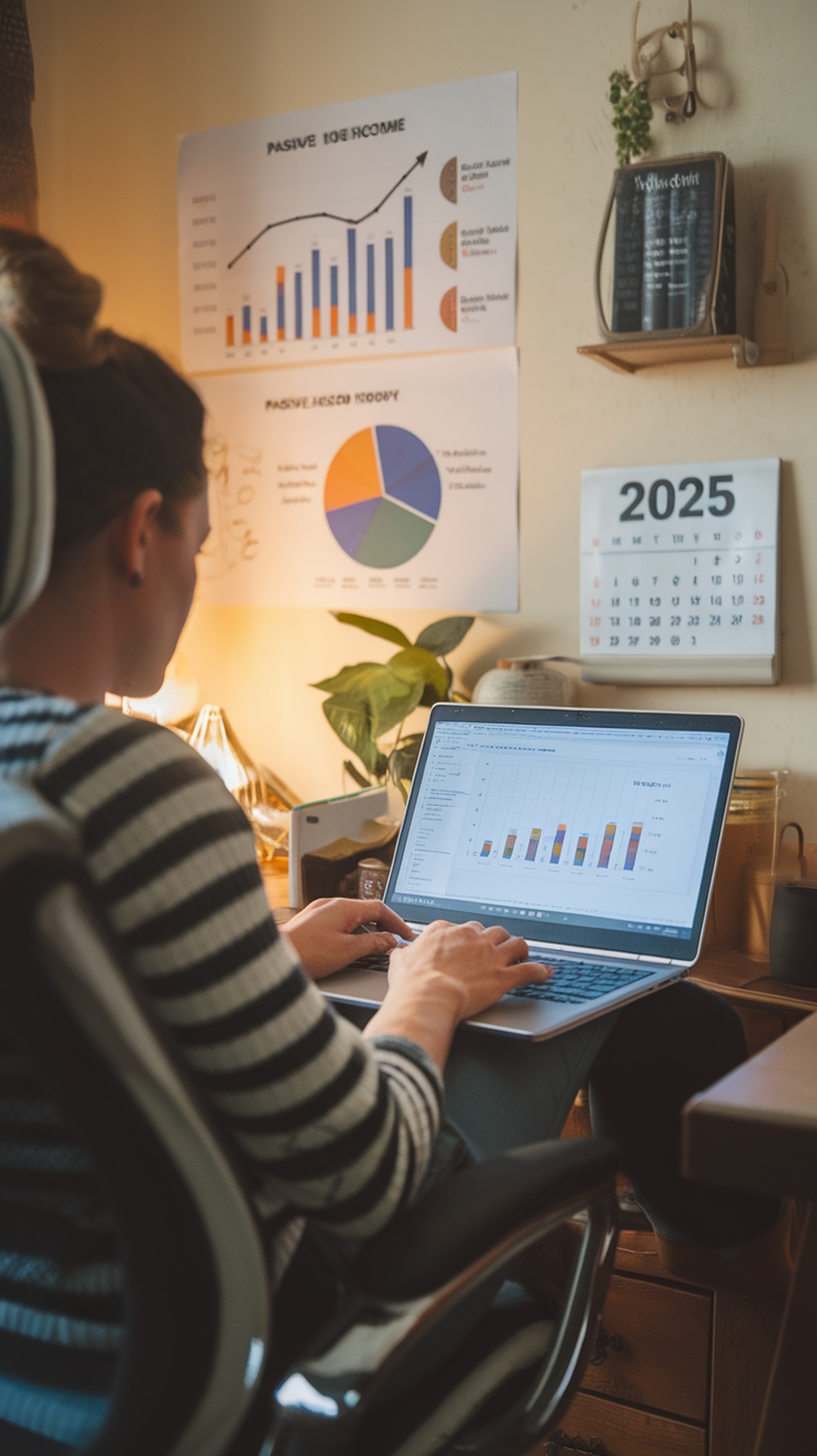 A freelancer analyzing passive income data on a laptop with charts and graphs in the background.