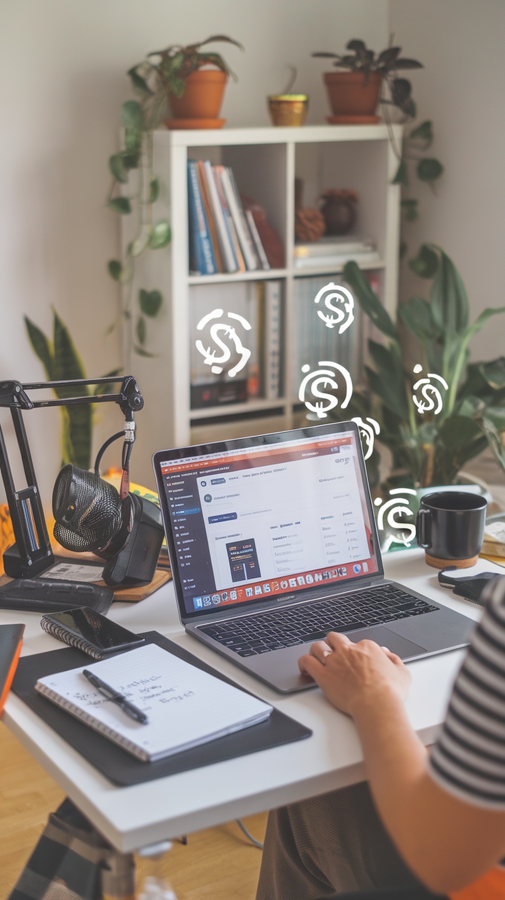 A freelancer working on a laptop with a microphone and plants in the background