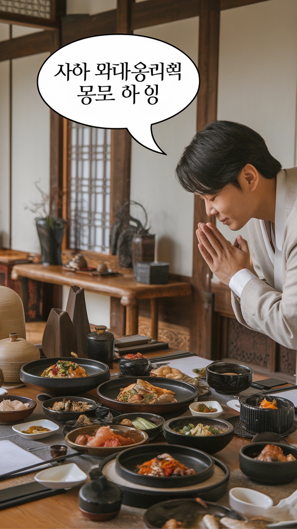 A person showing appreciation for a meal in a traditional Korean setting.