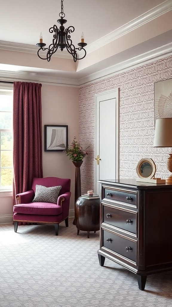 A cozy bedroom featuring deep plum accent furniture, including a plush armchair and curtains, alongside a dark wood dresser.