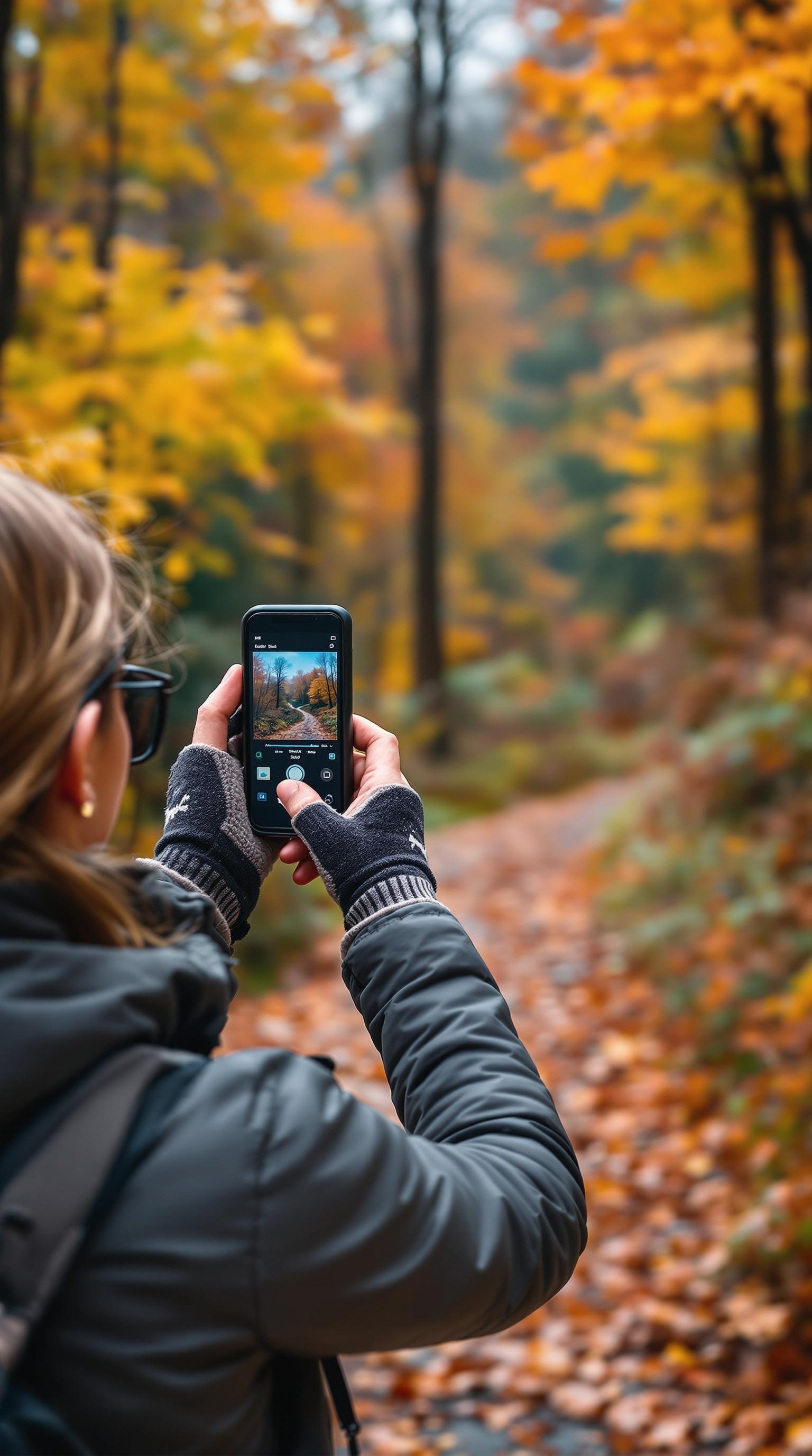 A woman wearing fingerless gloves while taking a photo on a hiking trail surrounded by fall foliage.