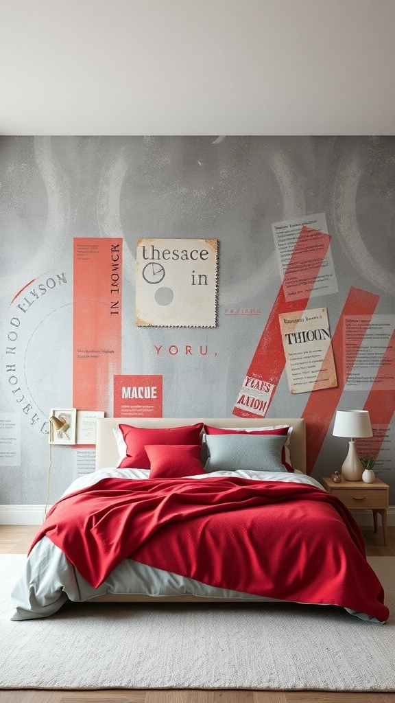 A stylish bedroom featuring a grey and red wall mural with modern decor.