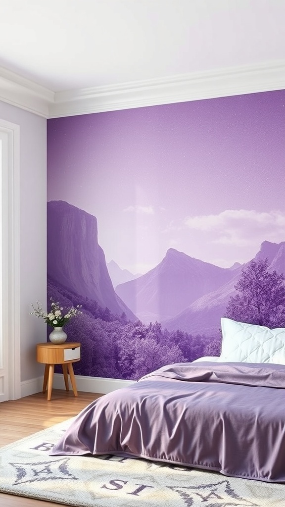 Purple wall mural featuring mountains in a bedroom