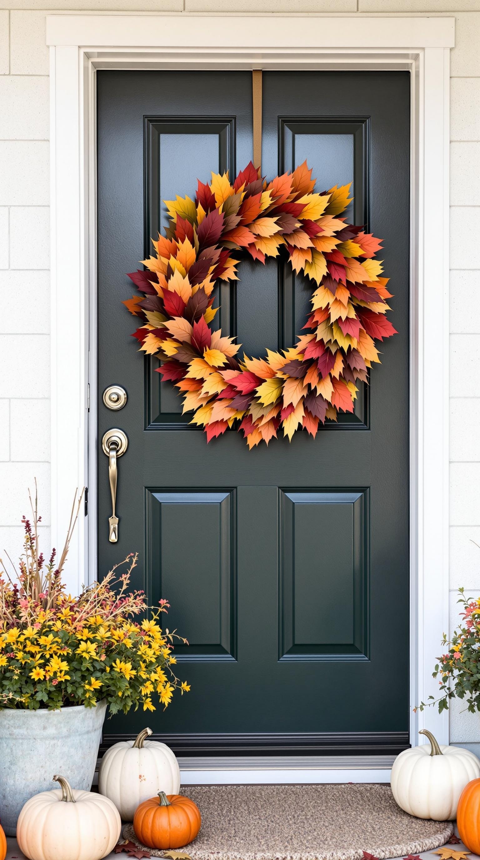 A colorful autumn leaf wreath on a dark front door with pumpkins and flowers nearby.