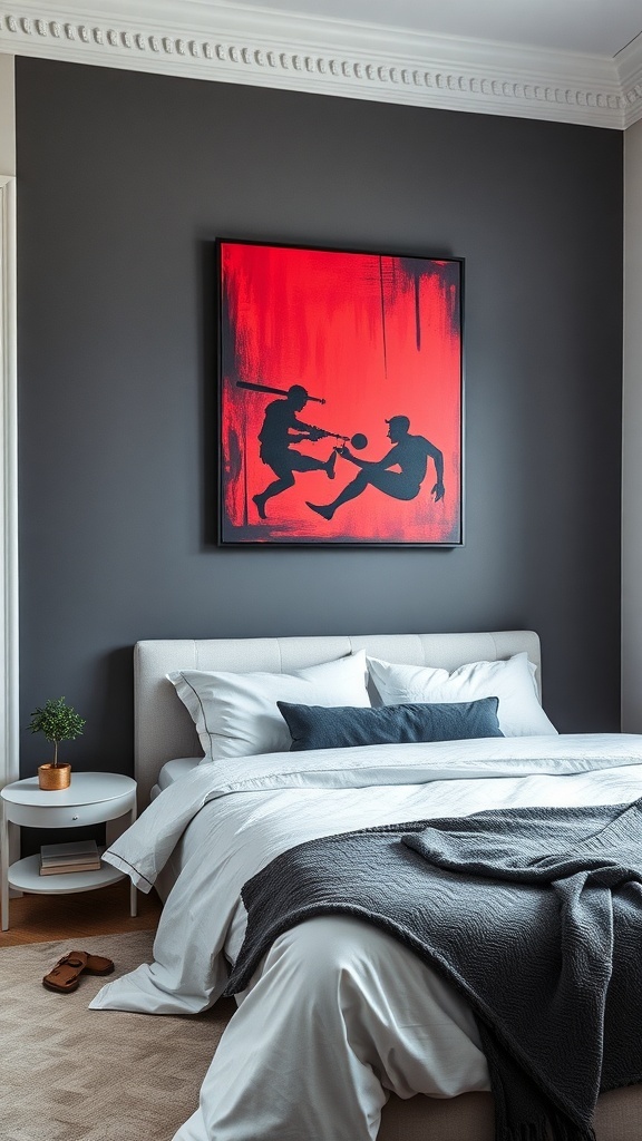 A stylish bedroom featuring a grey wall with red artwork, showcasing a modern design.