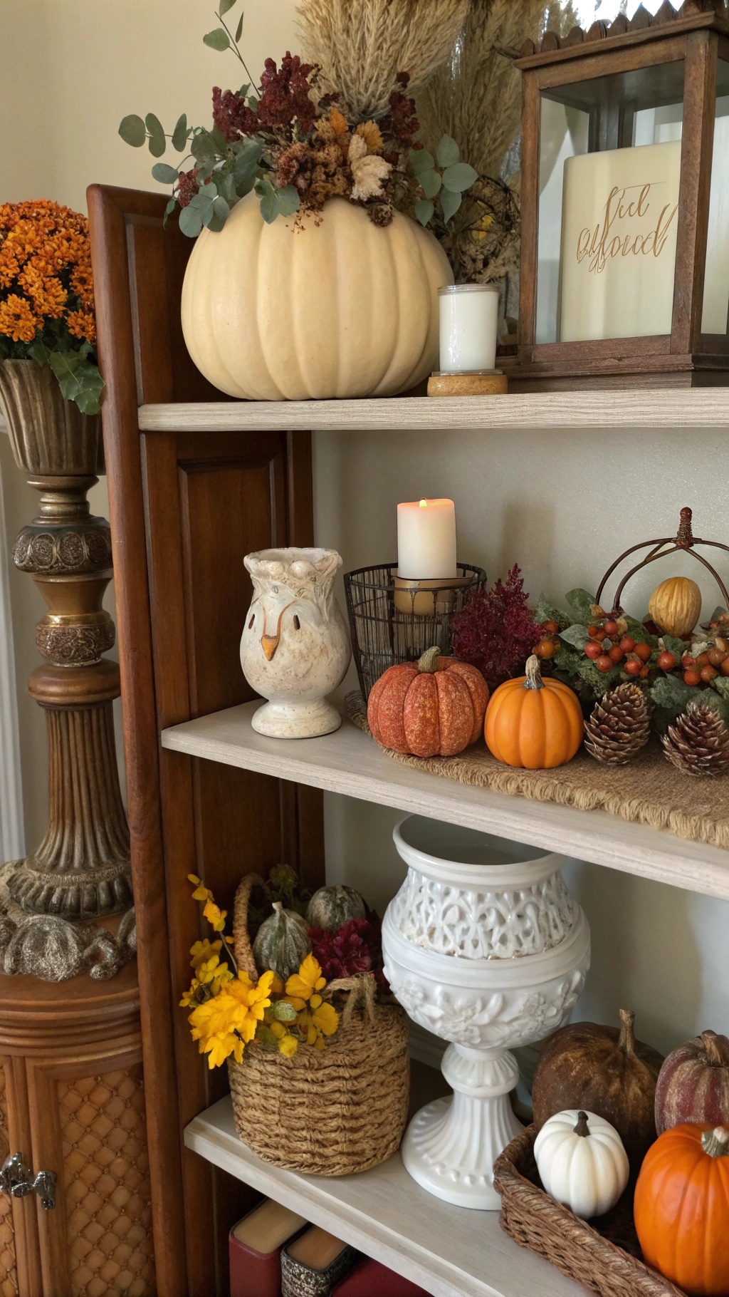A cozy fall living room shelf decorated with thrifted accessories, including pumpkins, a bird-shaped vase, and flowers.