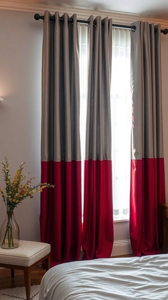 Chic grey curtains with red drapes in a stylish bedroom setting.