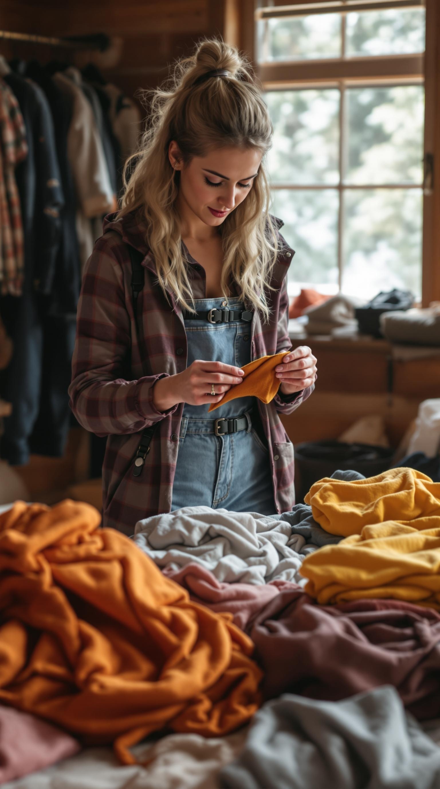 A woman examining colorful fabrics in a cozy setting, surrounded by various clothing items.