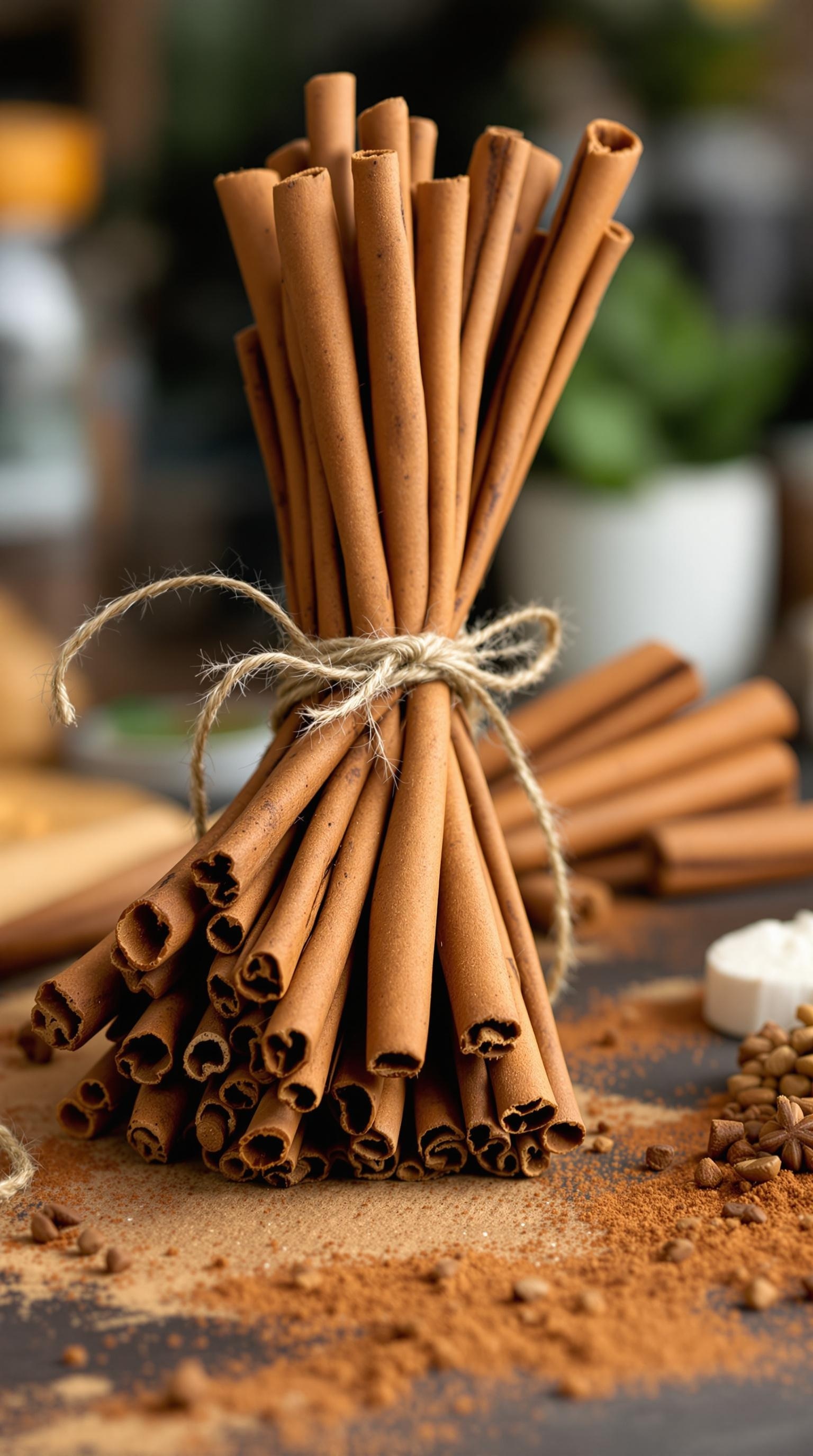 A bundle of cinnamon sticks tied with twine, surrounded by cinnamon powder and spices.