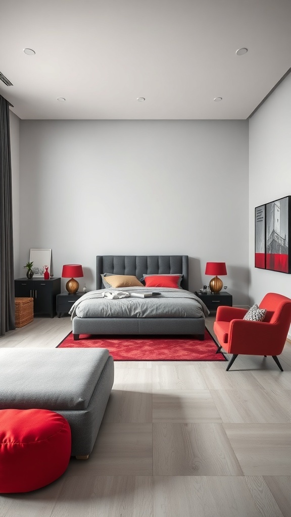 A contemporary bedroom featuring grey and red furniture, including a bed, armchair, and decorative elements.