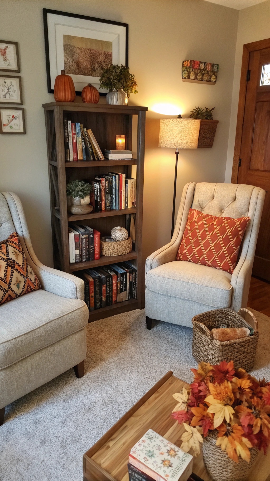 Cozy reading nook with two armchairs, a bookshelf filled with books, a warm lamp, and autumn decorations.