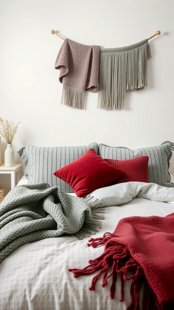 A cozy bedroom featuring grey and red textured accents, including blankets and pillows.