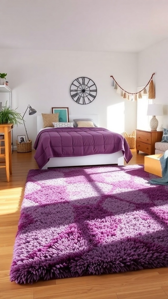 A cozy purple rug in a bright bedroom with a bed and wooden furniture.