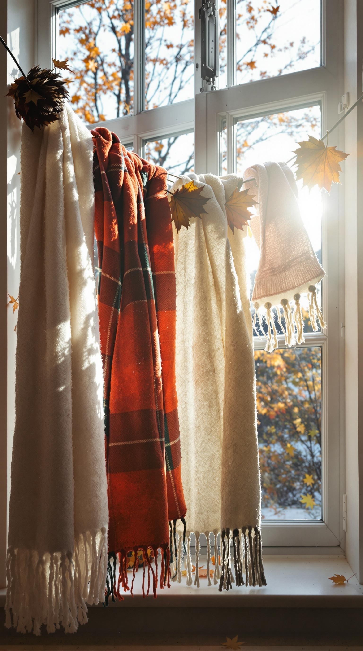 A cozy scarf garland draped across a window with autumn leaves outside.