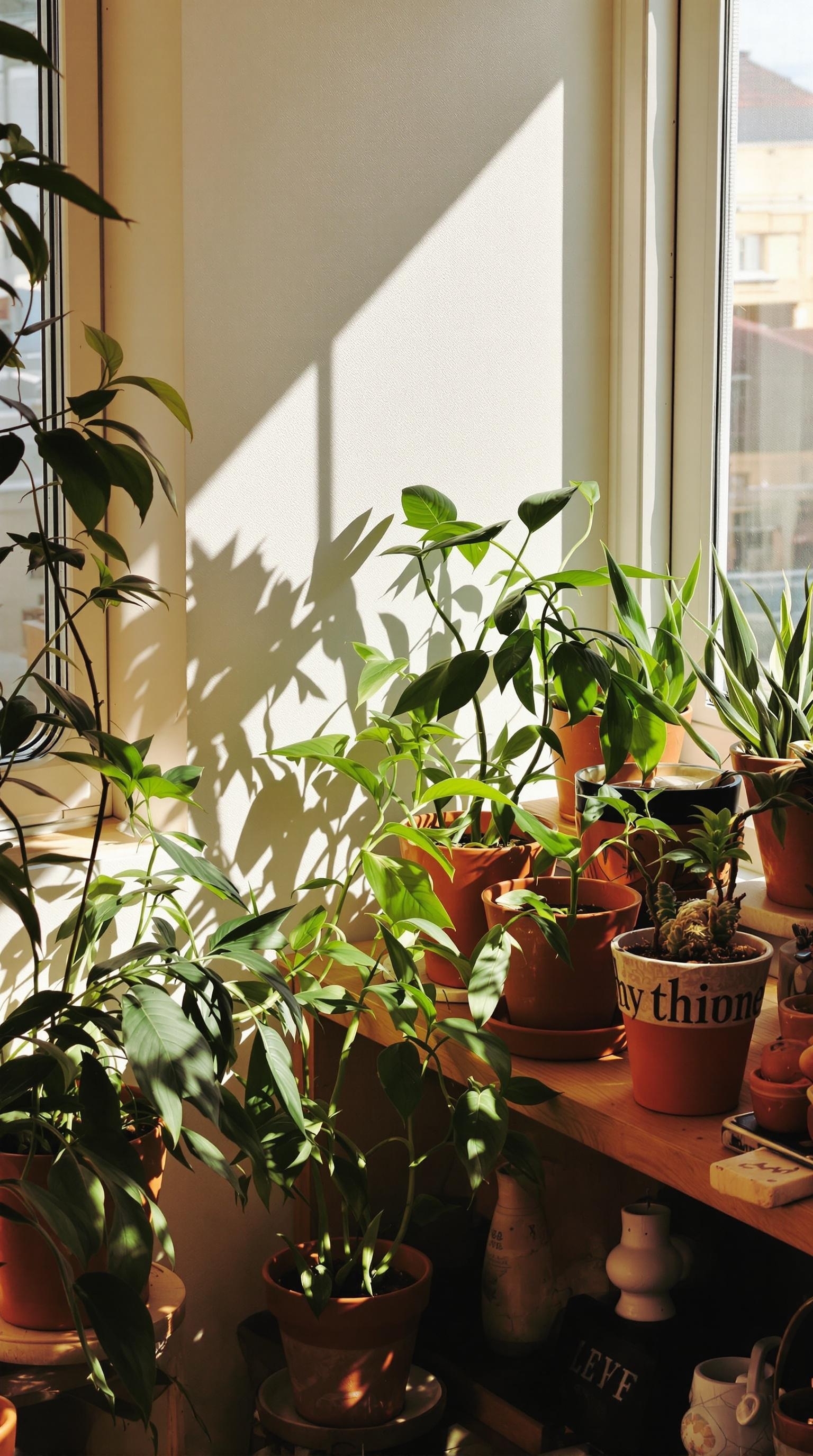 A collection of green plants in earthy clay pots, illuminated by sunlight, casting shadows on a wall.