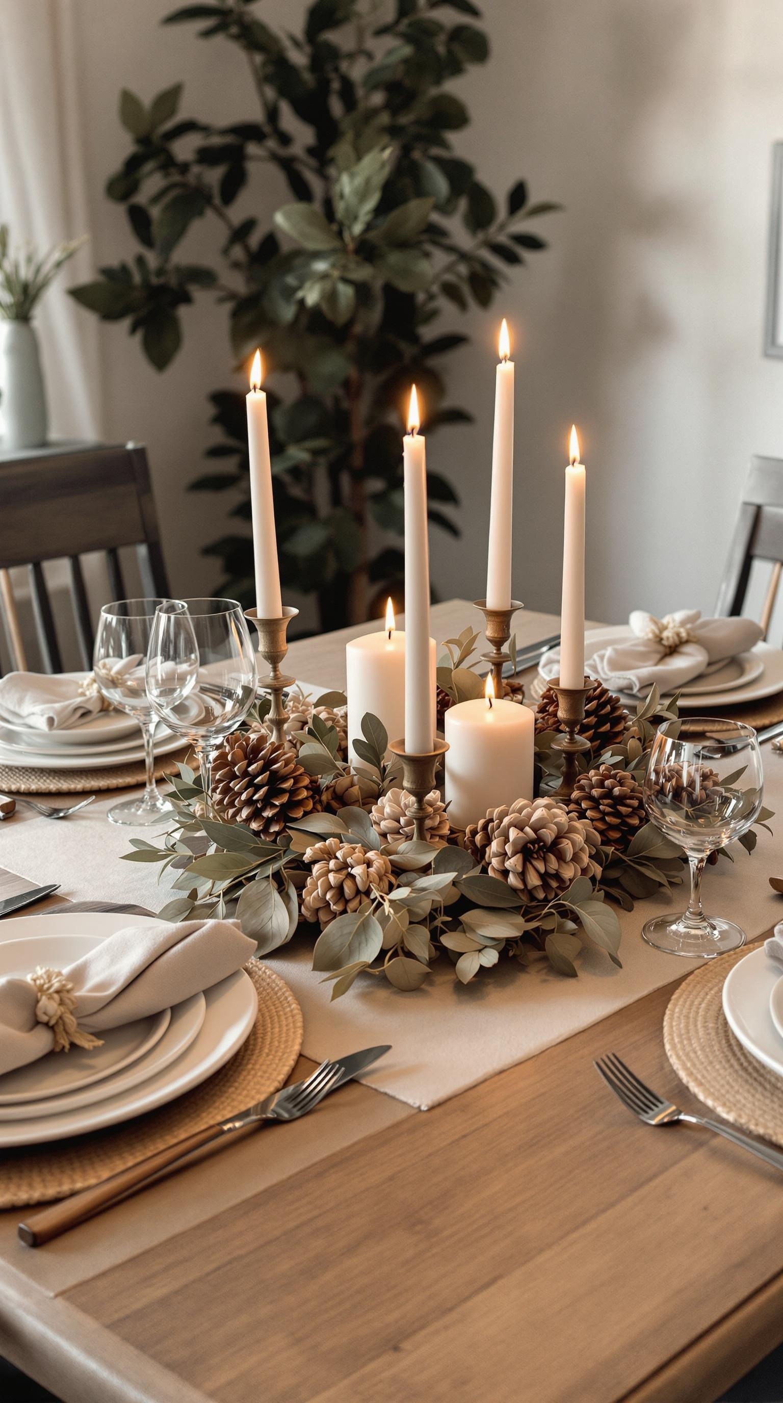 A table centerpiece featuring candles, pinecones, and greenery.