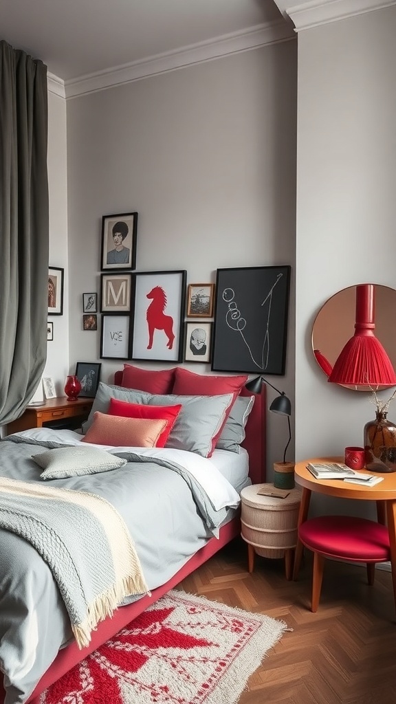A cozy bedroom featuring grey and red decor with art on the walls.