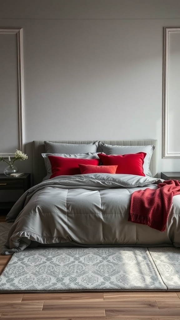 A grey bedroom featuring grey bedding with red pillows and a red throw blanket.