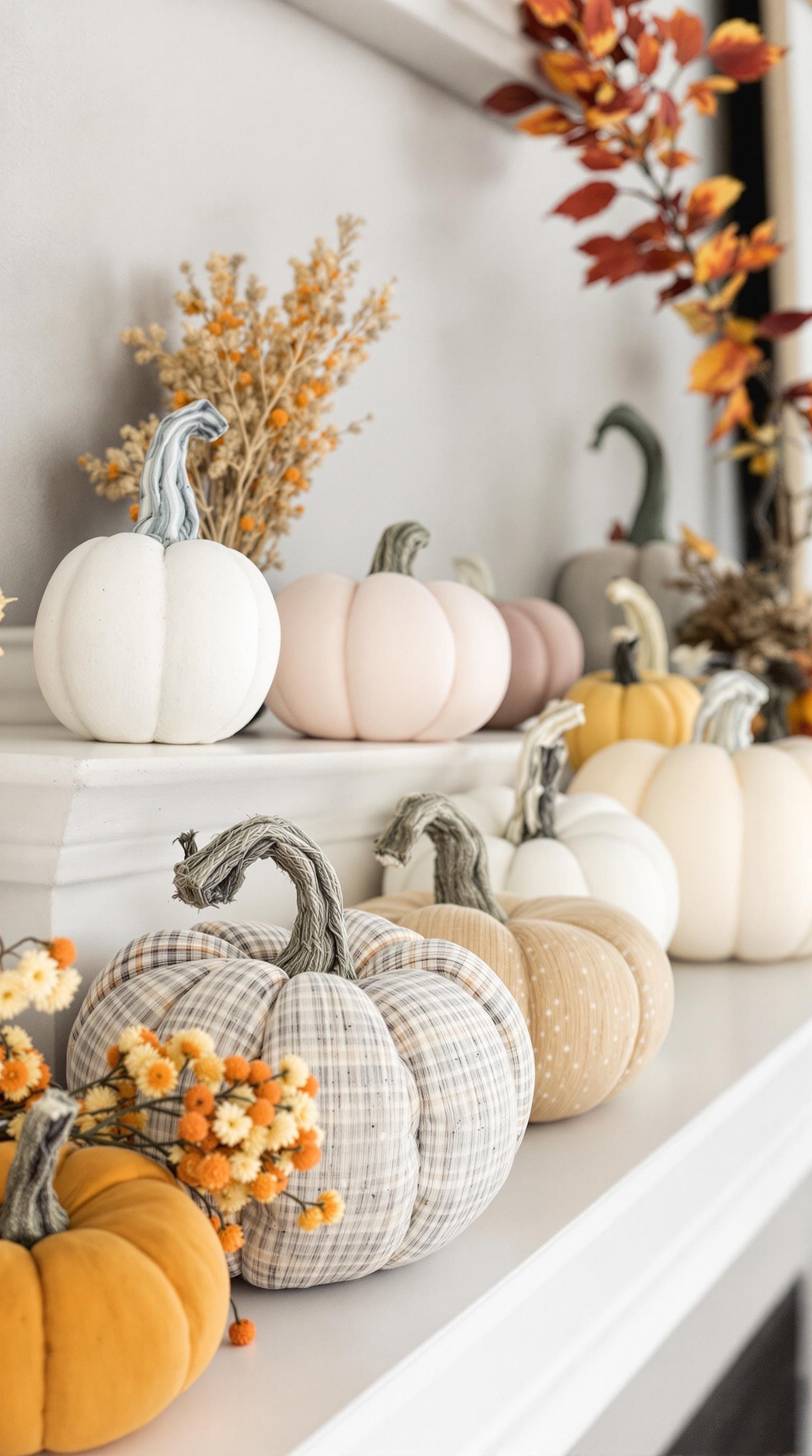A collection of fabric pumpkins in various colors and patterns displayed on a shelf.