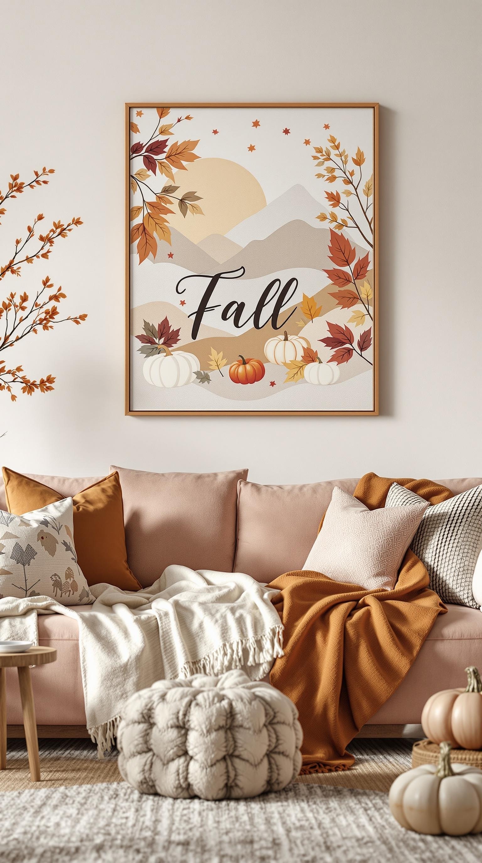 Cozy fall-themed wall art featuring pumpkins and autumn leaves