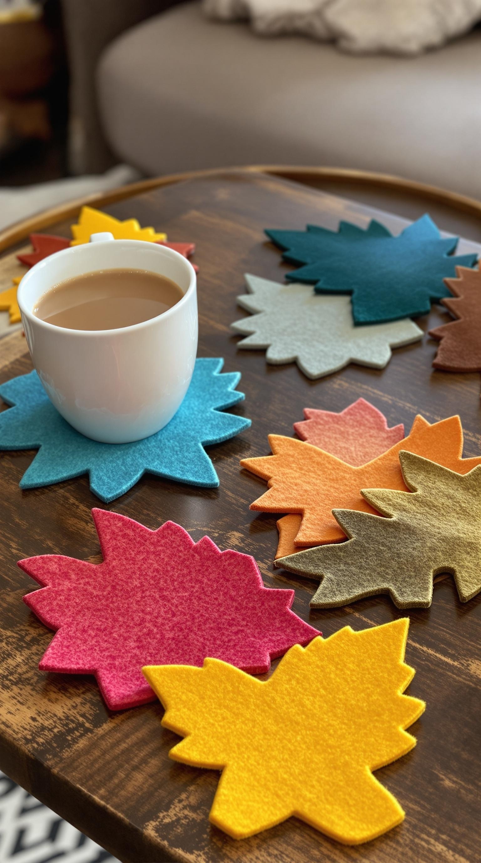 Colorful felt leaf coasters on a wooden table with a cup of coffee.