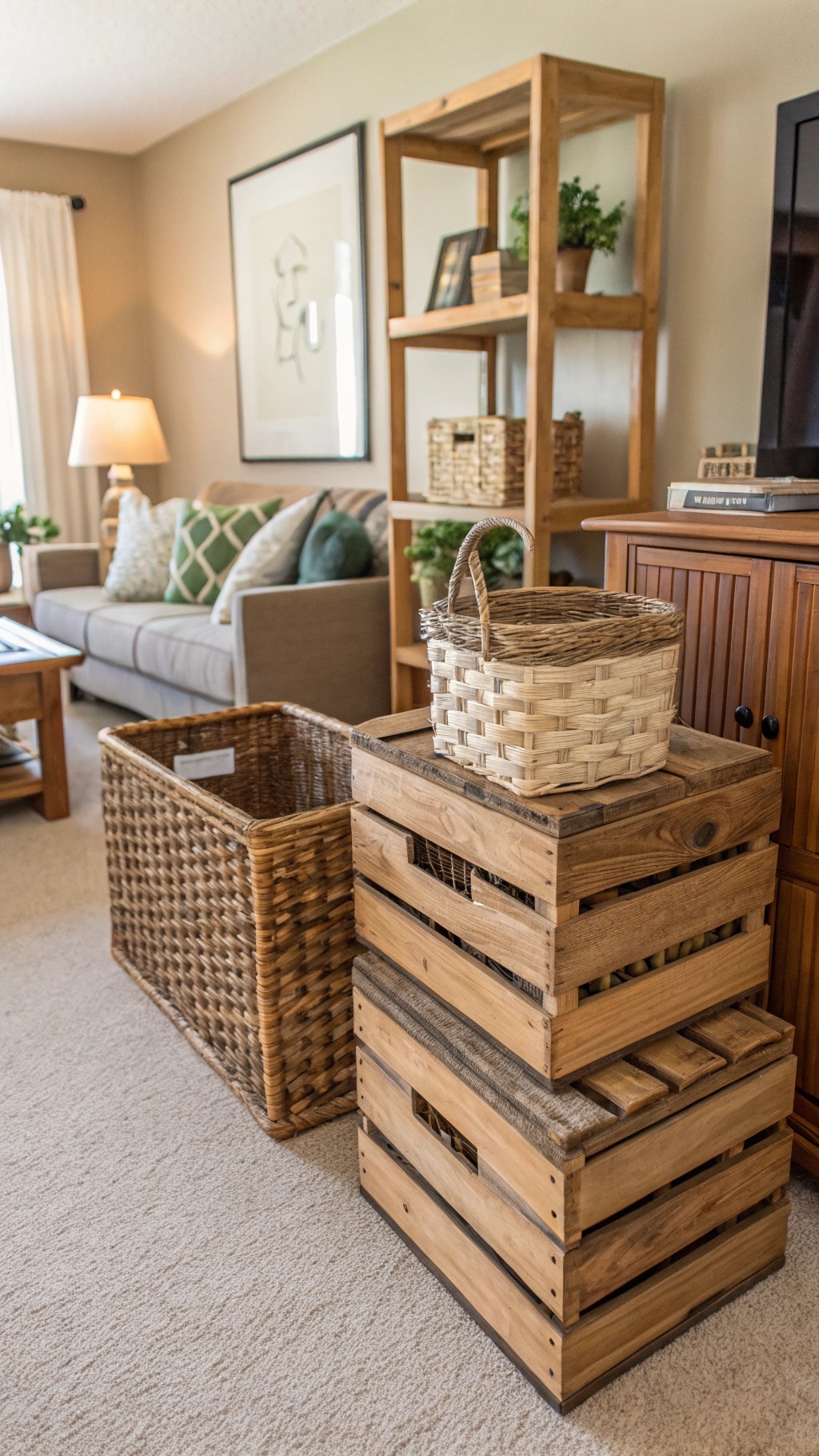 A cozy living room featuring thrifted storage solutions including woven baskets and wooden crates.