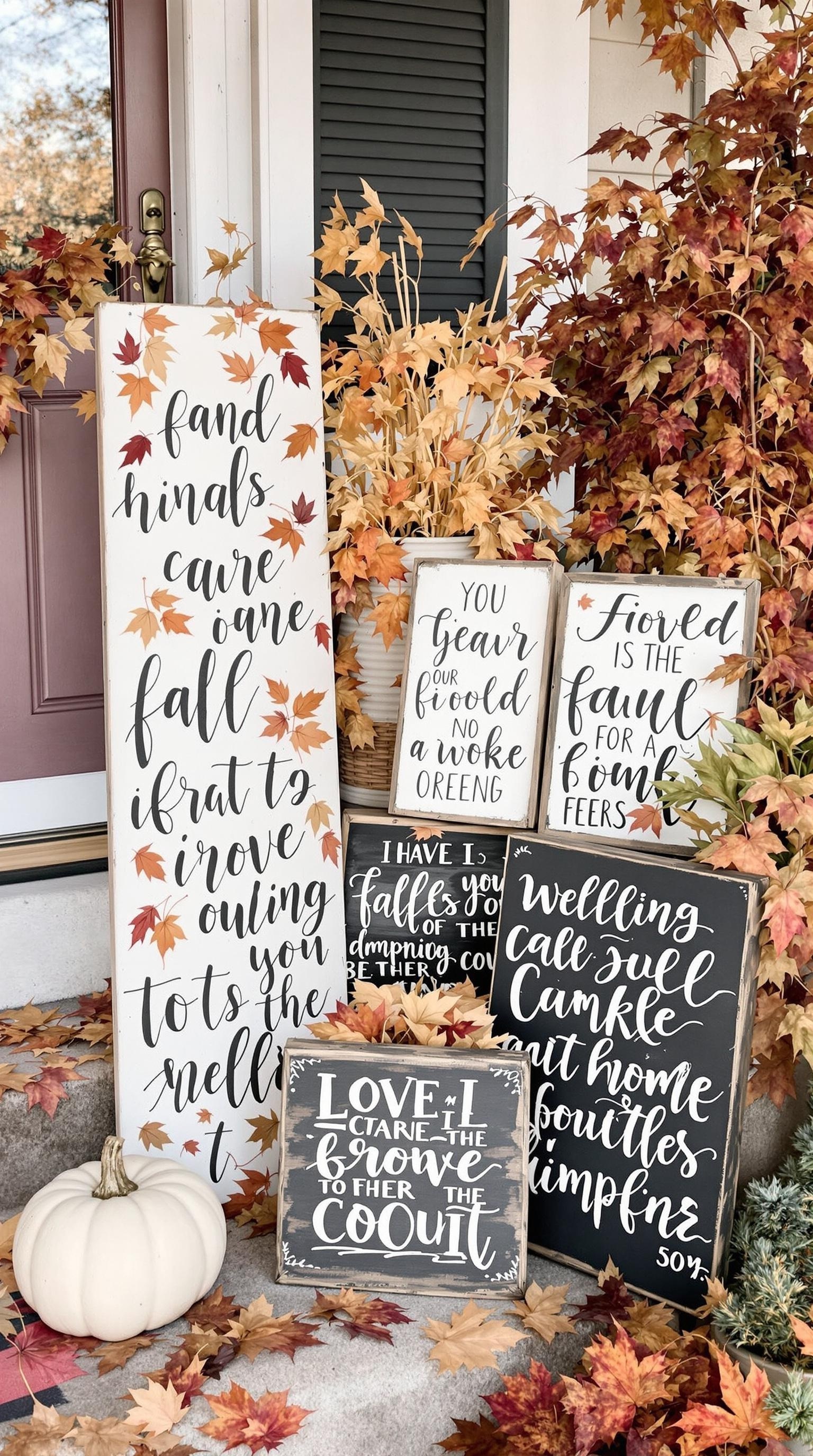 A collection of hand-painted wooden signs with fall themes, surrounded by autumn leaves and a white pumpkin.