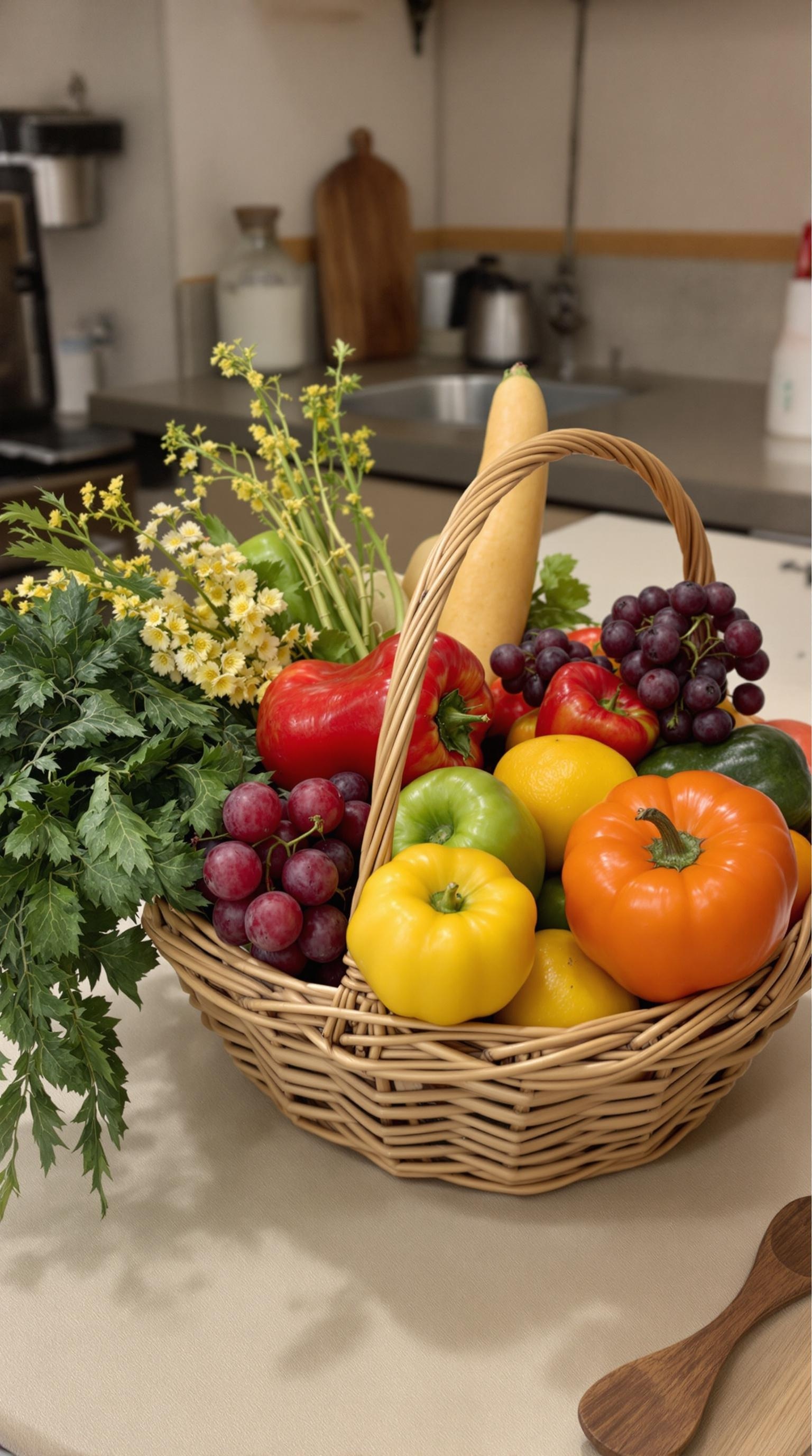A wicker basket filled with colorful fruits, vegetables, and flowers.