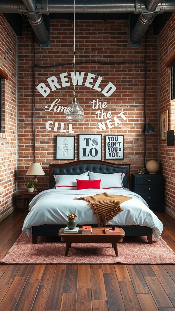Industrial grey loft bedroom with red details