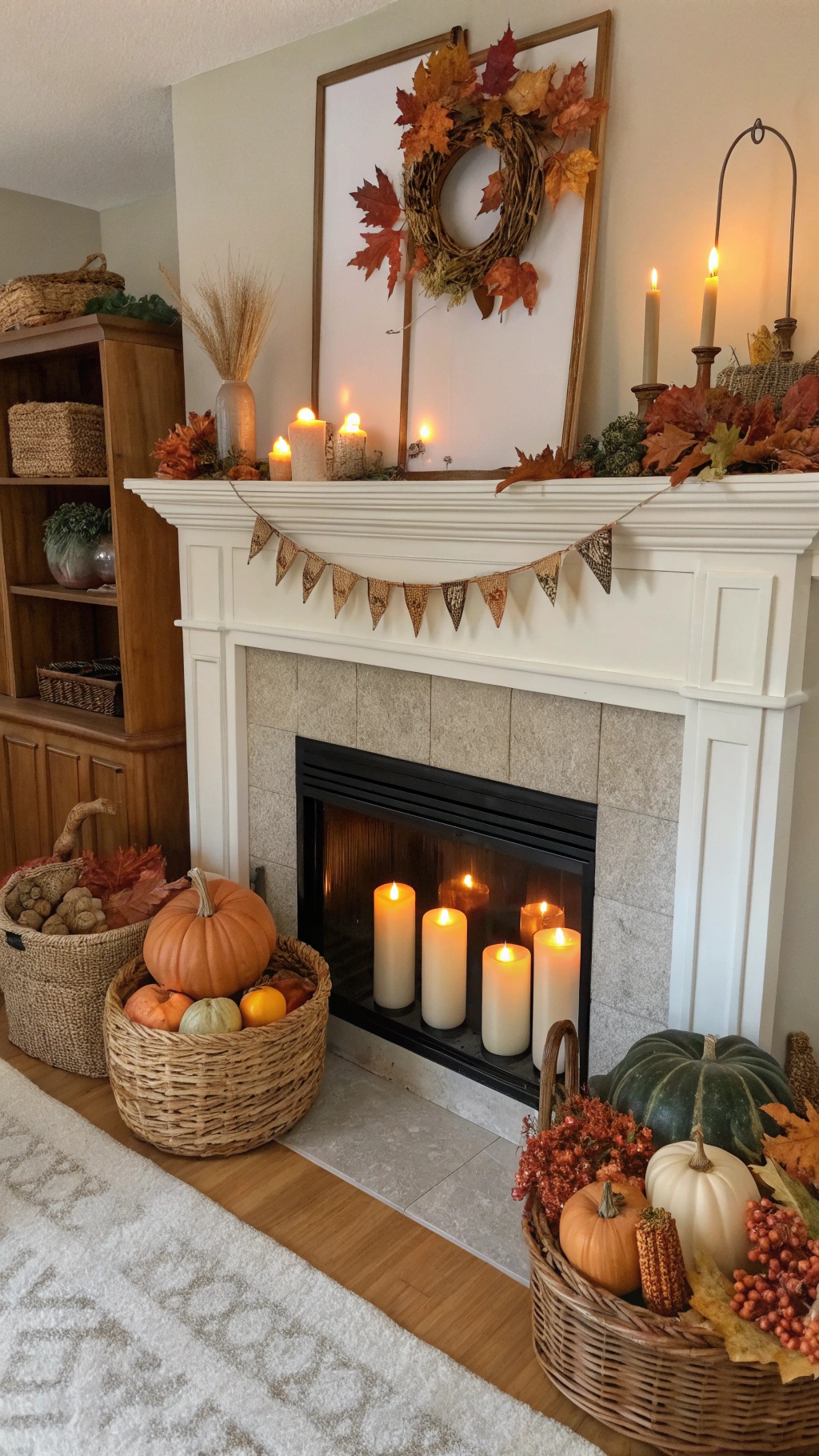 Cozy fall living room with a fireplace decorated with candles, pumpkins, and autumn leaves.