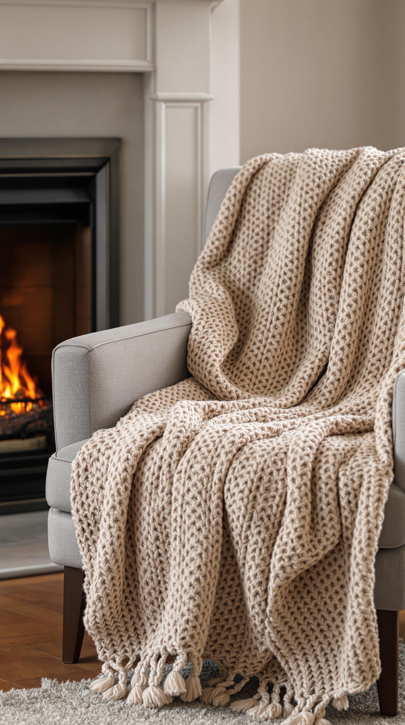 A cozy knitted throw blanket draped over a chair next to a fireplace.