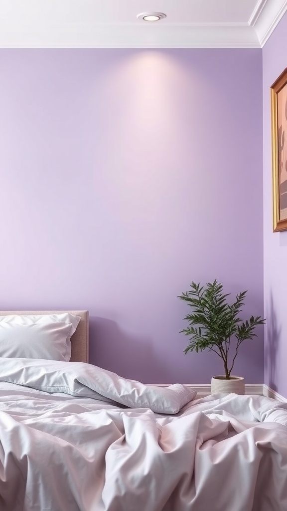 A cozy bedroom with lavender walls, soft bedding, and a small plant.