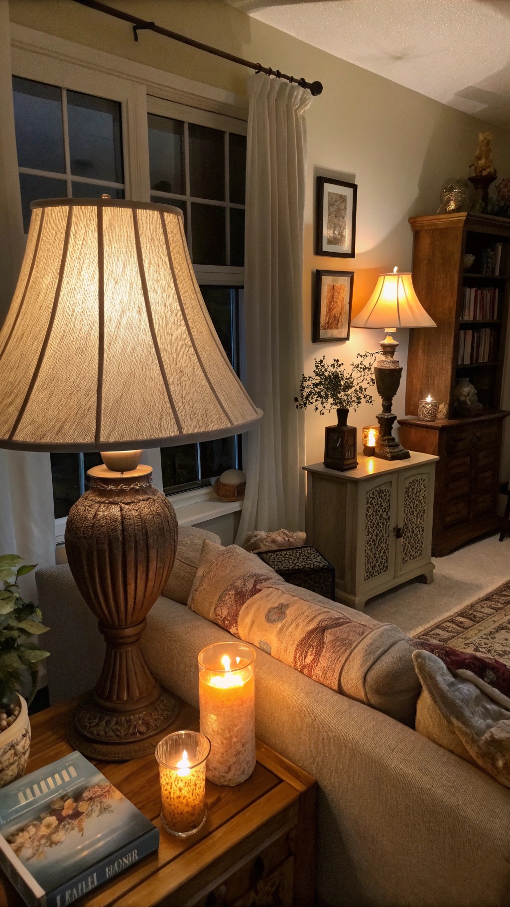 A cozy living room with layered lighting, featuring a large lamp and flickering candles on a side table.