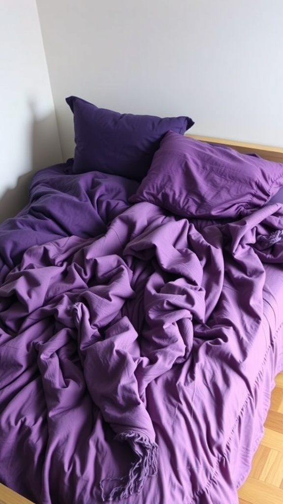A bed with layered purple textiles, featuring wrinkled sheets and pillows.