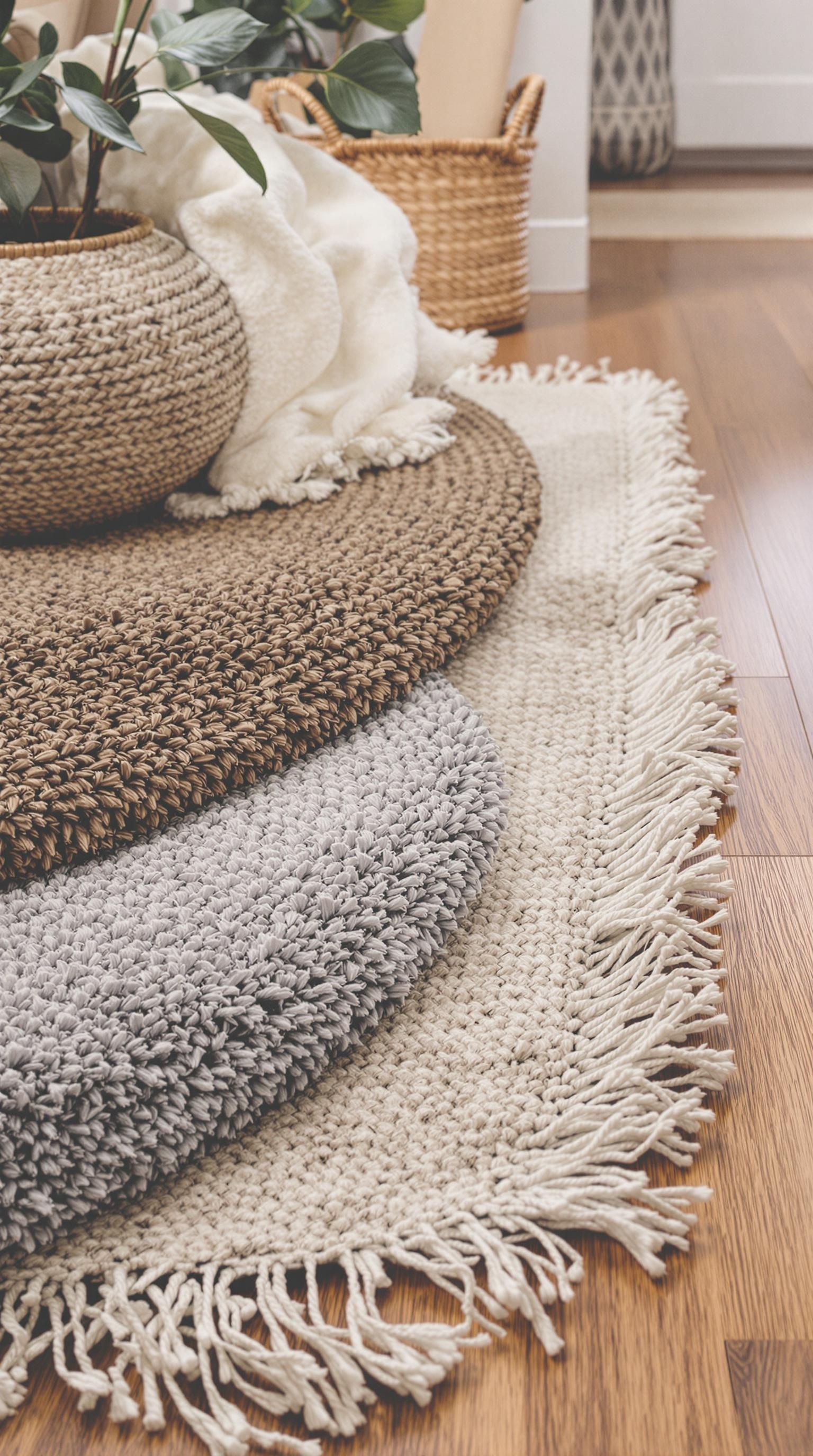 Layered neutral rugs on wooden floor with a plant and basket in the background.
