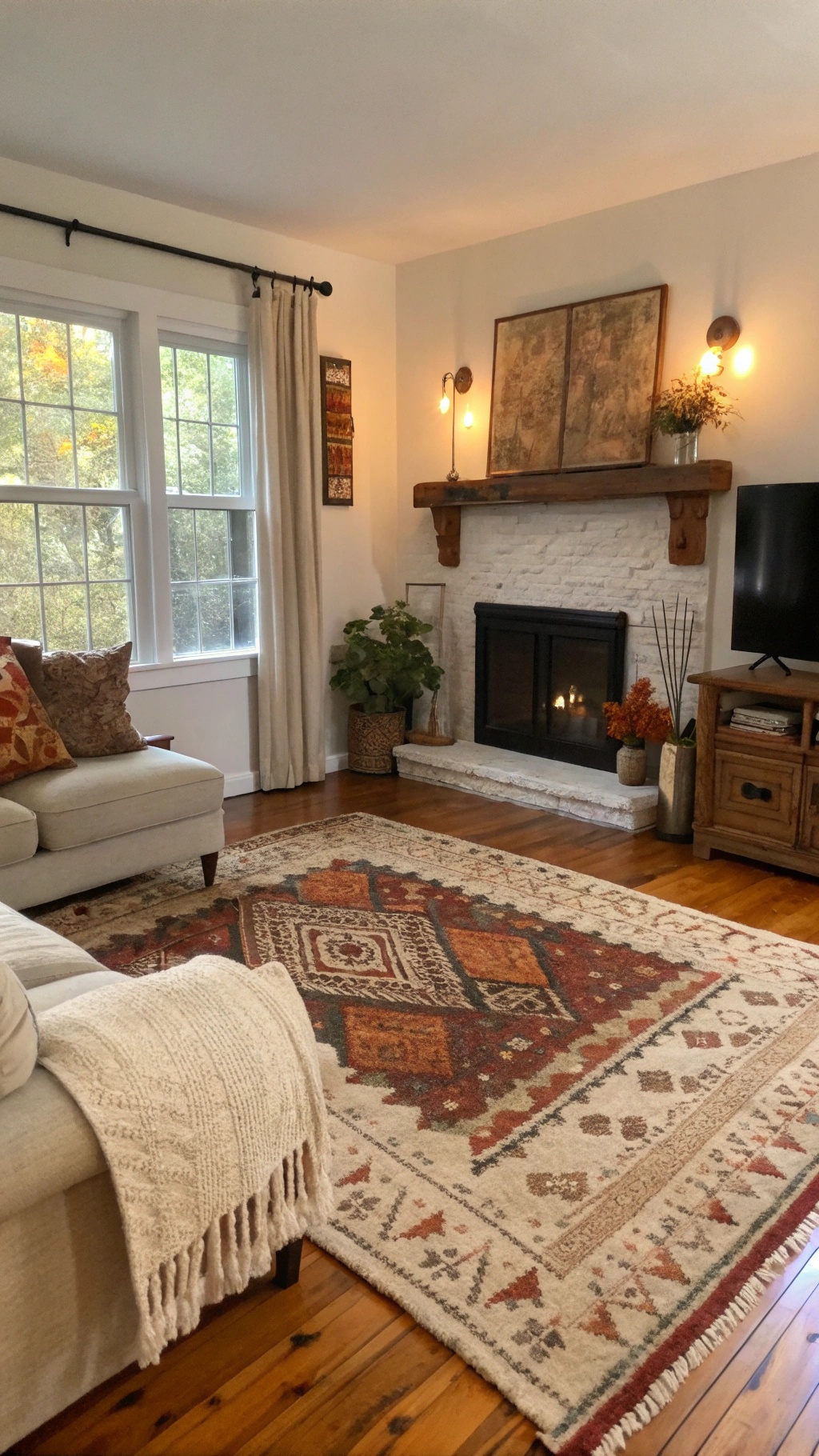 A cozy living room featuring layered rugs, a fireplace, and warm decor.