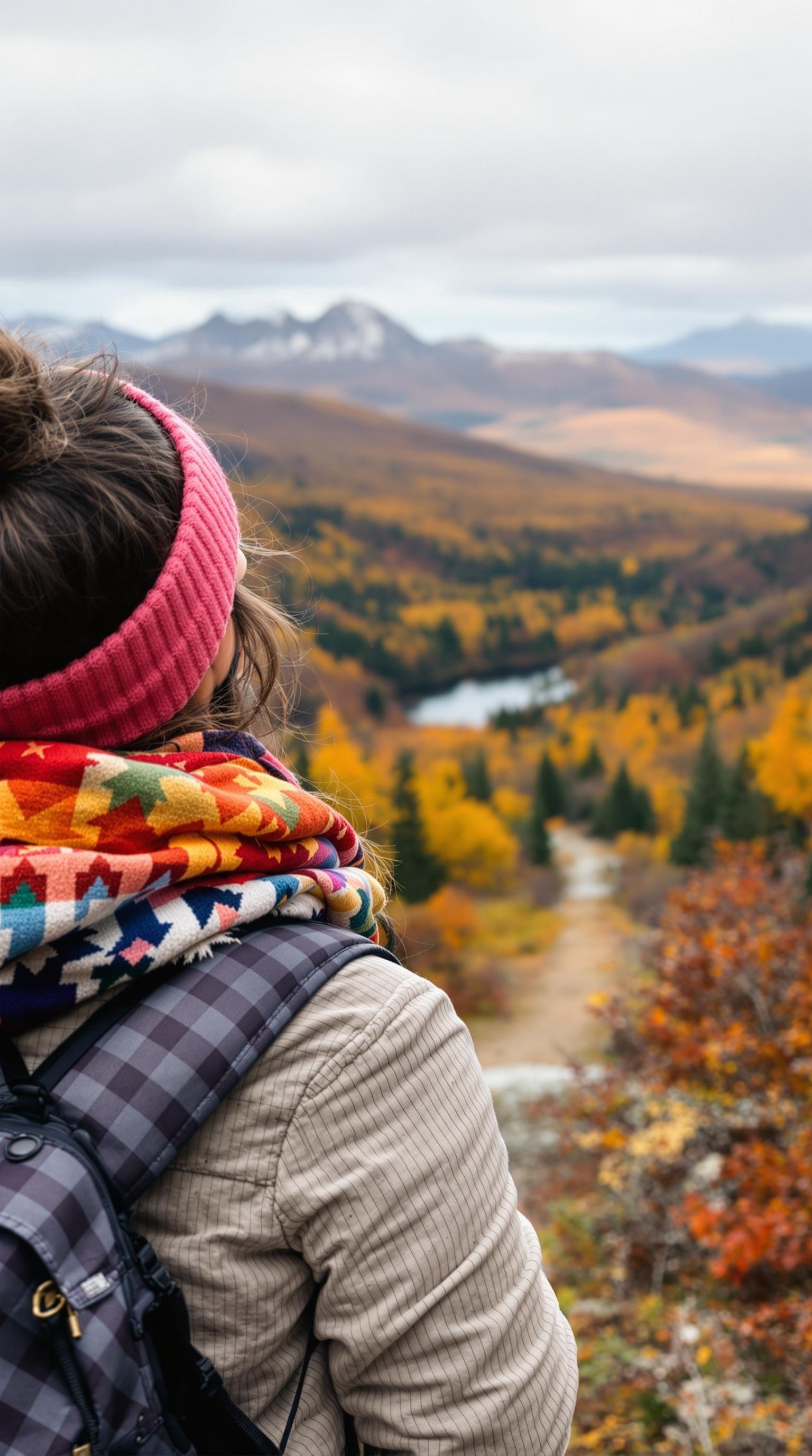 A woman wearing a colorful scarf and a light jacket, looking at a scenic fall landscape.