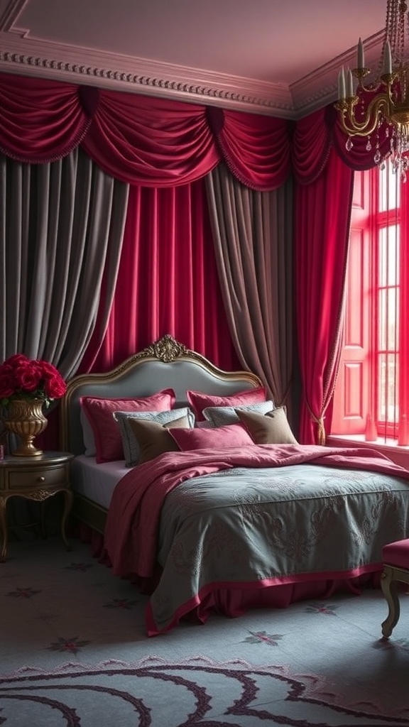 Luxurious grey and red bedroom with elegant textiles