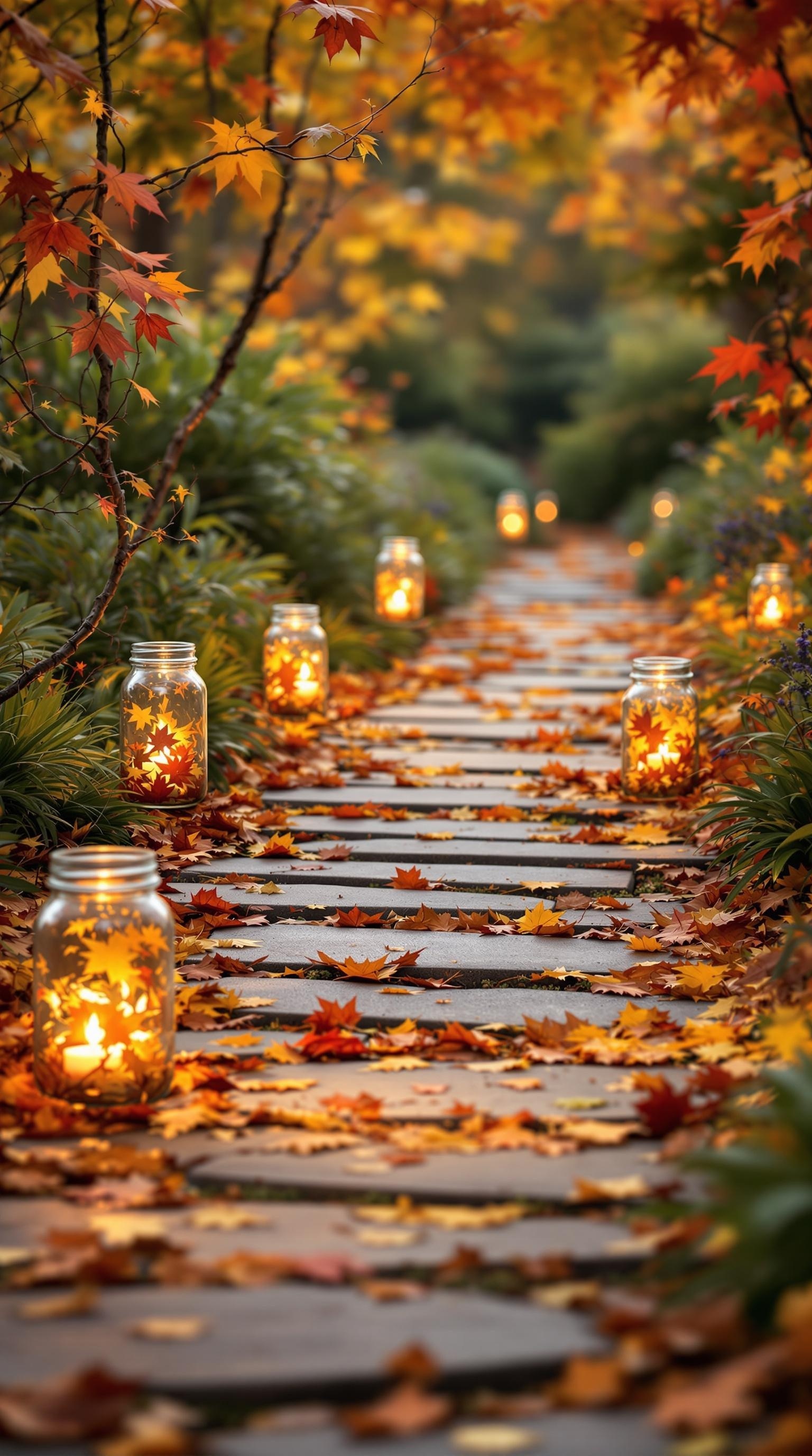 Mason jar lanterns glowing along a path surrounded by autumn leaves.