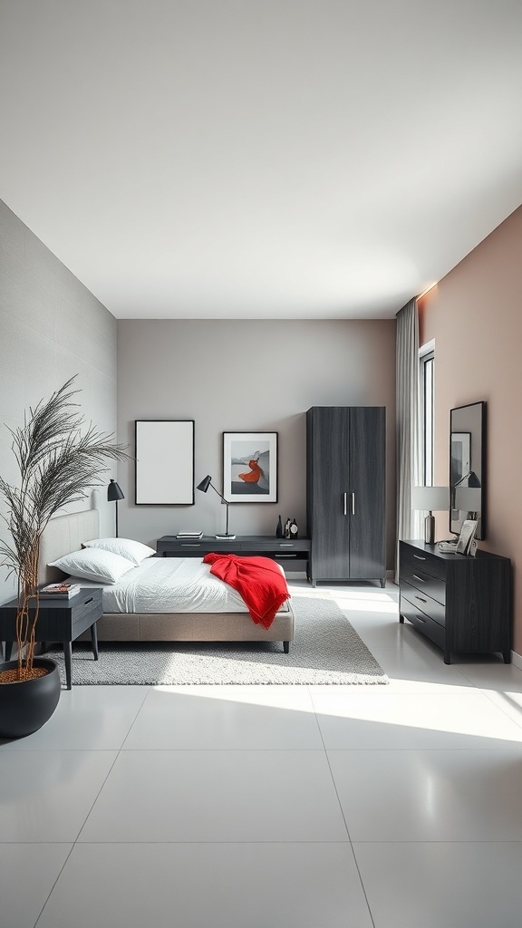 Modern minimalist bedroom featuring grey walls and red accents.