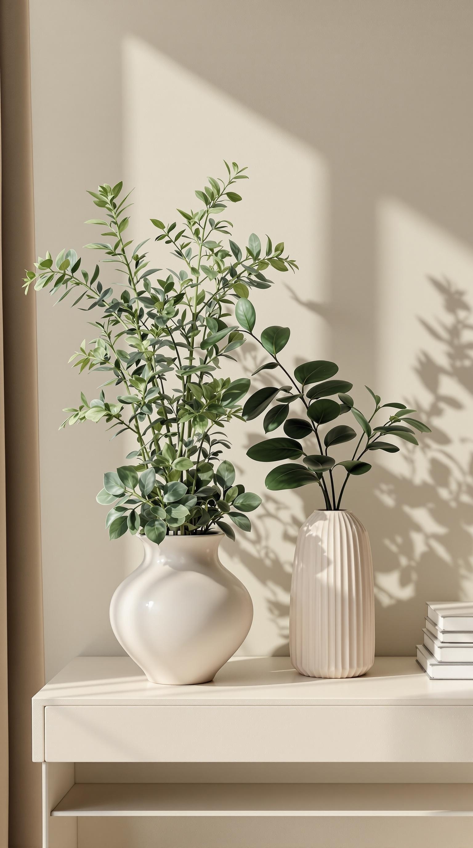 Muted greenery arrangements in soft vases on a light surface.