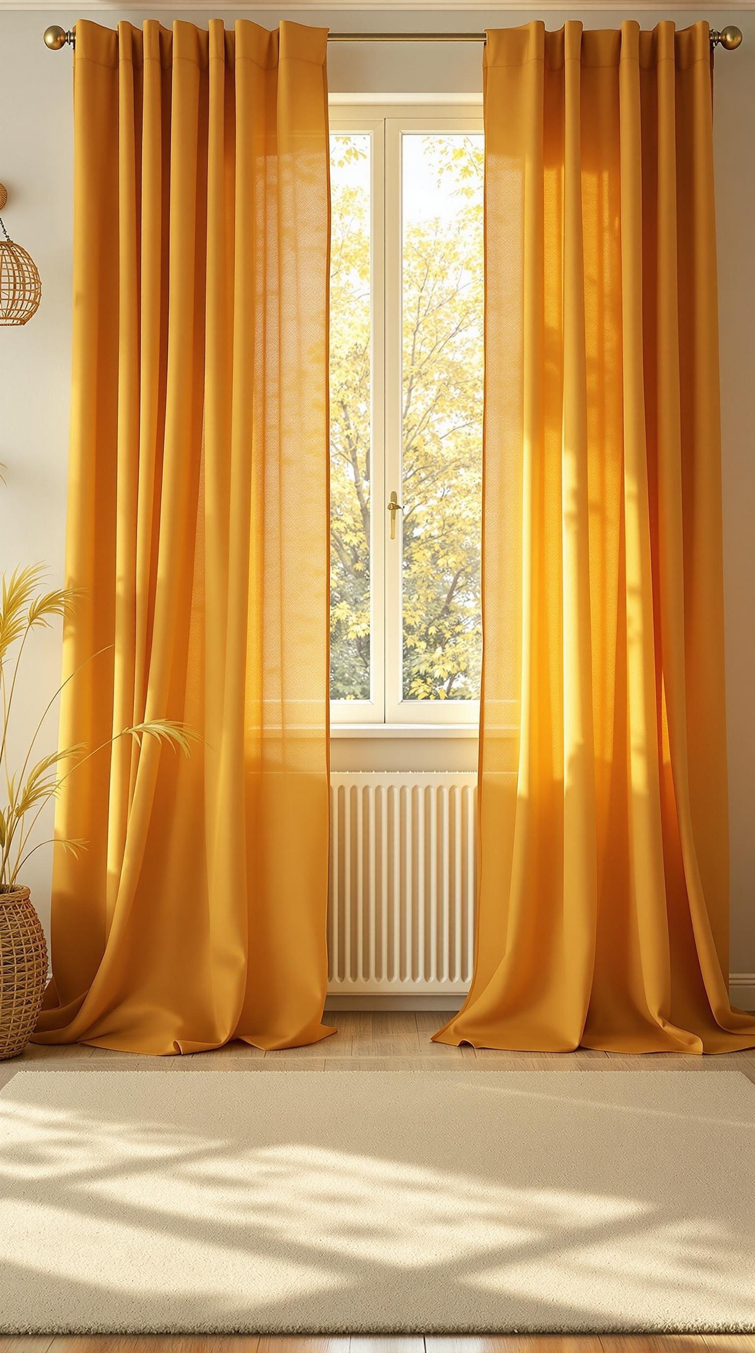 Muted mustard curtains hanging by a window, with sunlight streaming in and a cozy interior setting.