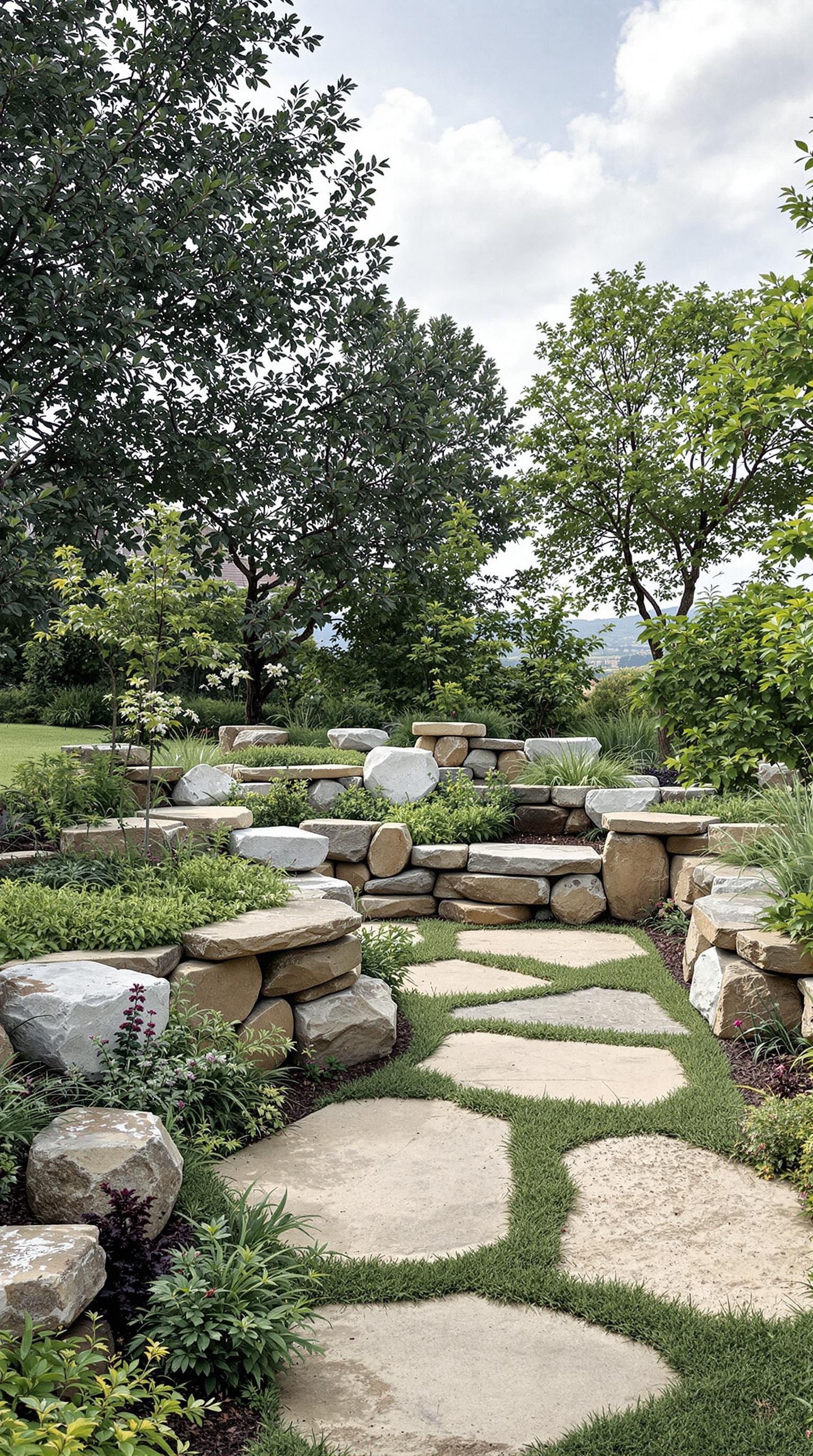 A serene garden with natural stone accents and greenery.