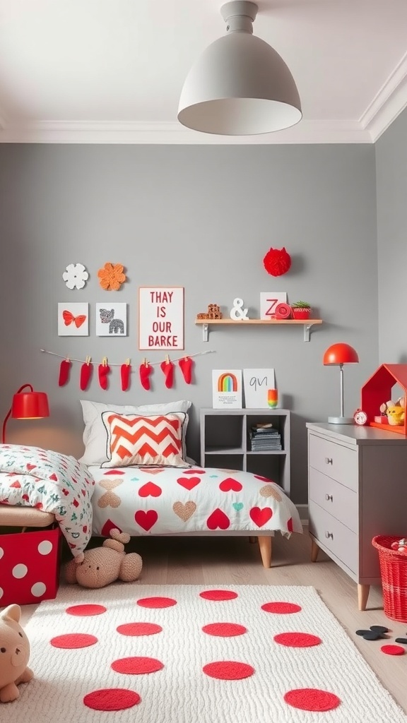 A playful kids' room featuring grey walls and red accents, with a bed, colorful decor, and a playful rug.