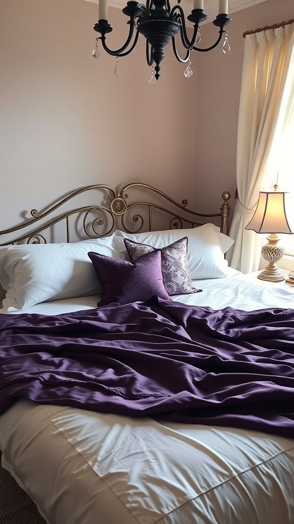 A cozy bedroom featuring plush purple bedding, decorative pillows, and a chandelier.