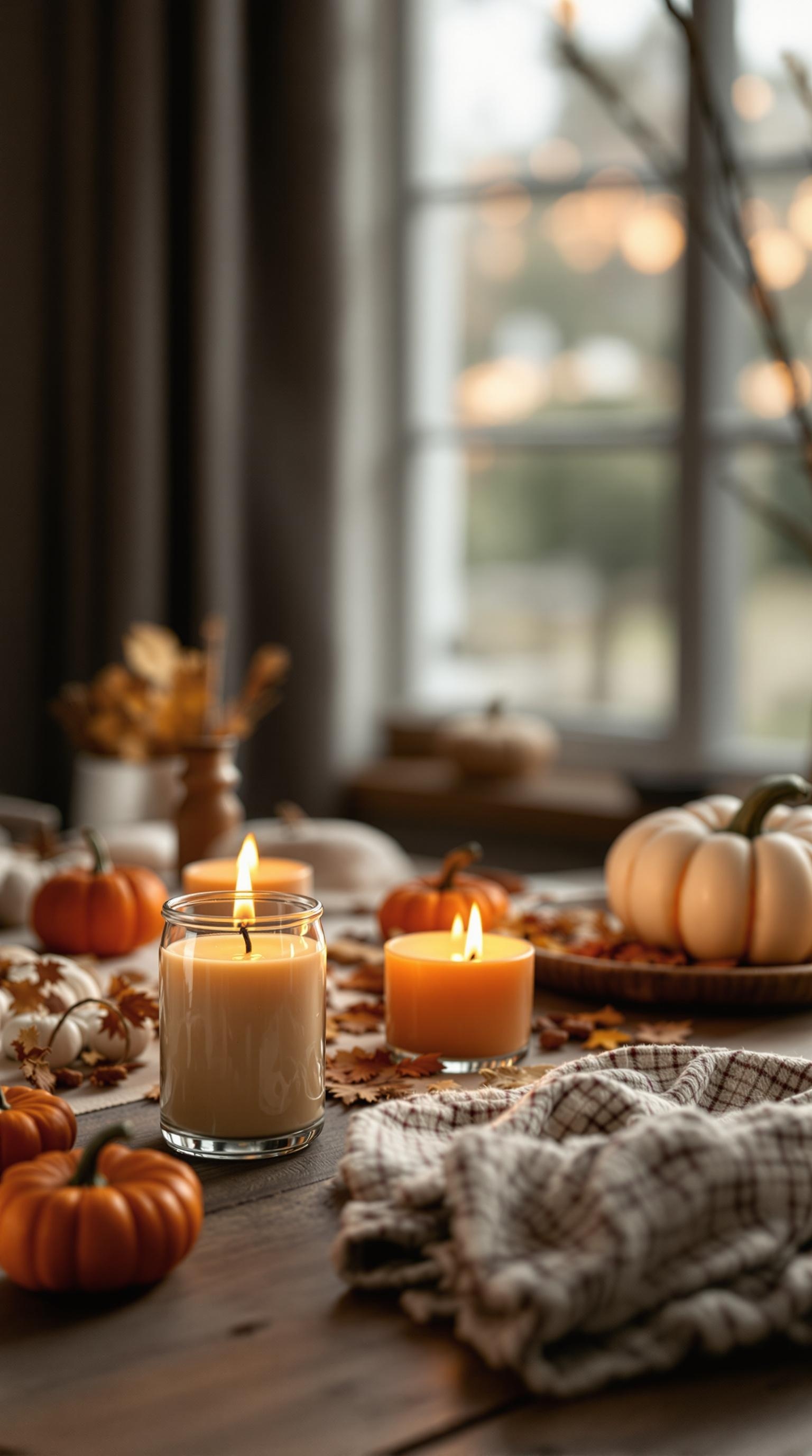 Cozy fall setting with pumpkin spice candle holders and small pumpkins on a wooden table.