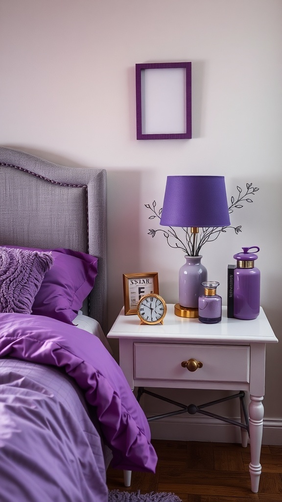 A cozy purple-themed bedroom with purple bedding, a bedside table with a lamp, clock, and decorative jars.