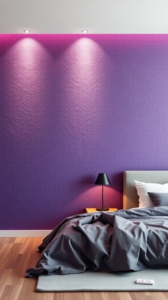 A purple textured accent wall in a bedroom with soft lighting and neutral bedding.