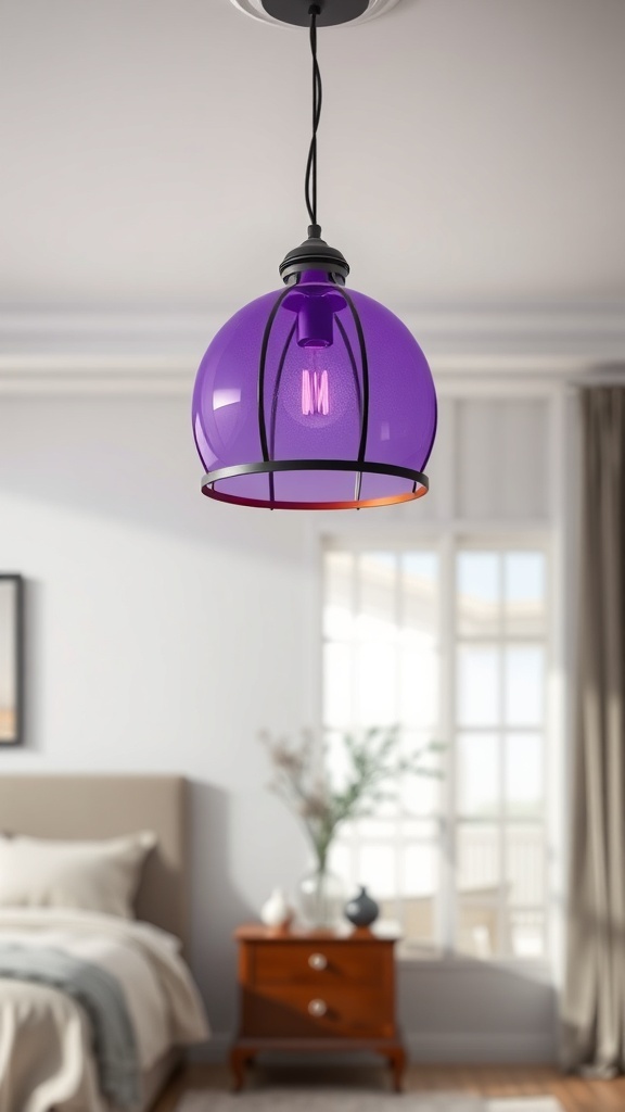 A purple pendant light hanging in a bedroom, illuminating the space with a modern touch.